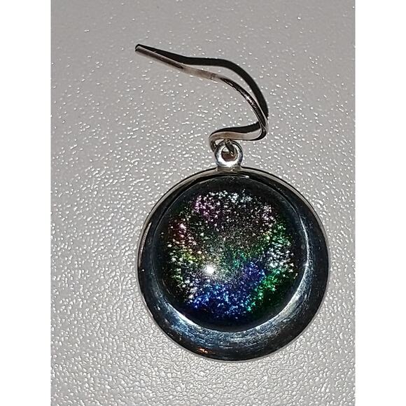 Fused glass round dangle iridescent earrings silver tone pretty shimmer - Picture 9 of 9